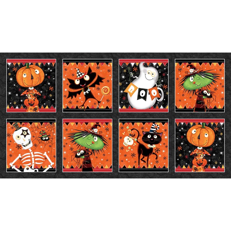 Full image of Hello Glow panel with 8 blocks, each featuring Halloween themed characters