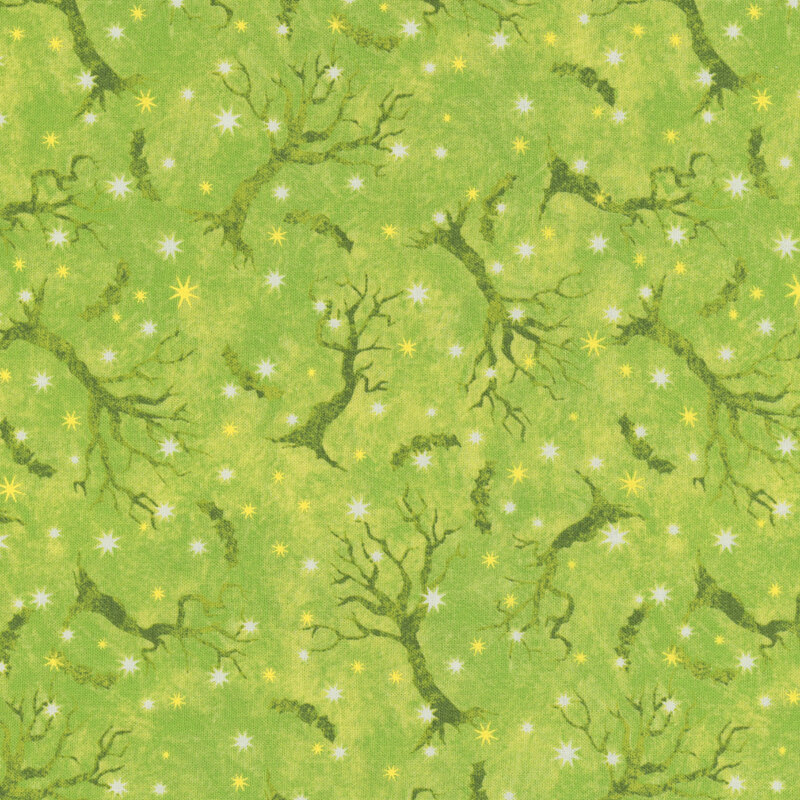 Avocado green fabric with silhouettes of bare trees, bats, and white stars tossed all over
