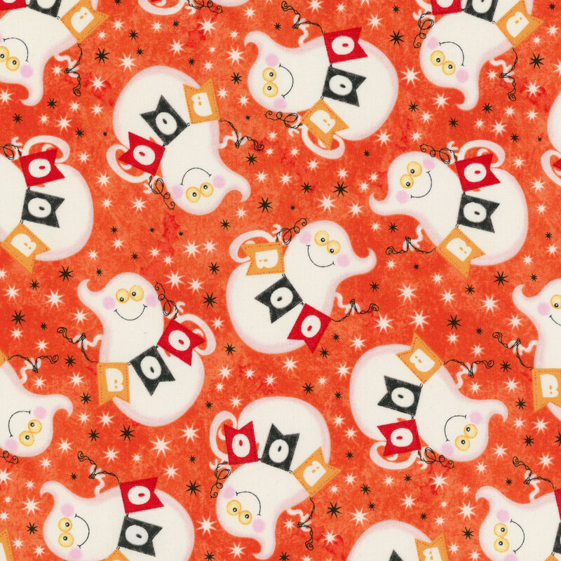 Orange fabric with black and white dots with white ghosts holding banners that read 