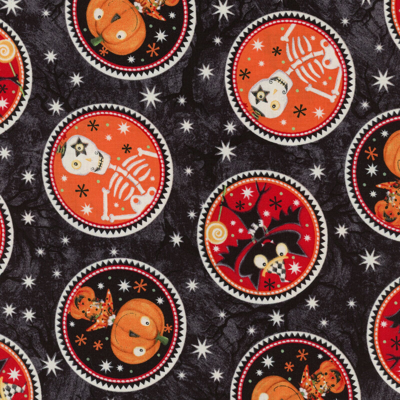 Black fabric with dots all over each filled with a Halloween cartoon character and a red, orange, or black background