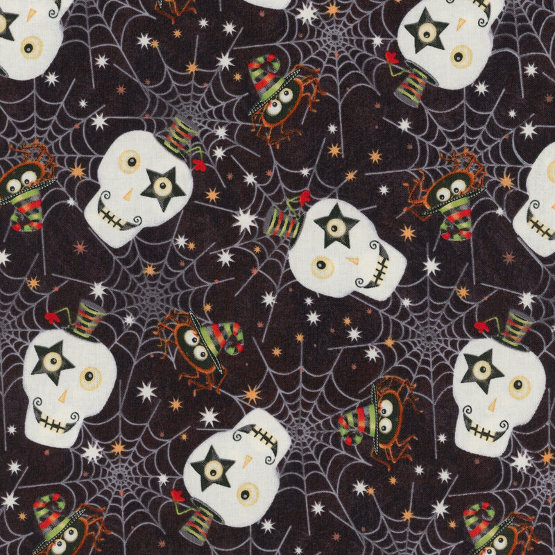 Black fabric covered with spiderwebs, spiders and skulls with small stars tossed all over