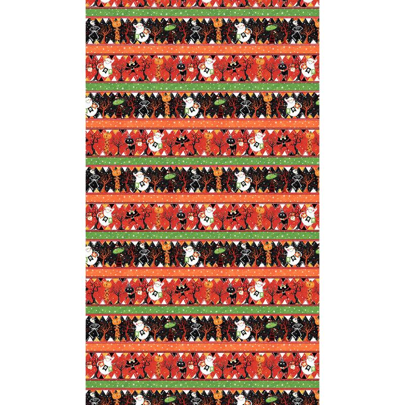 full size repeat of border stripe featuring cartoon Halloween characters and tree silhouettes on alternating black, green and orange stripes