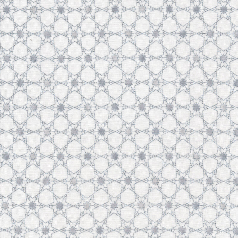 Silver metallic connected stars all over a white background