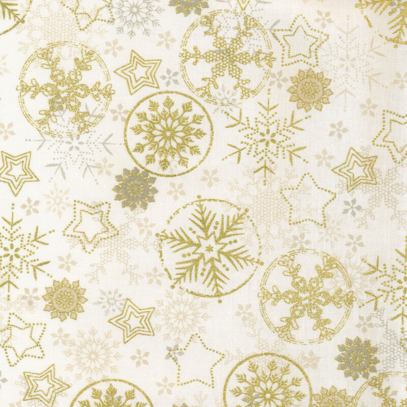 Cream fabric with gold metallic stars and snowflakes all over