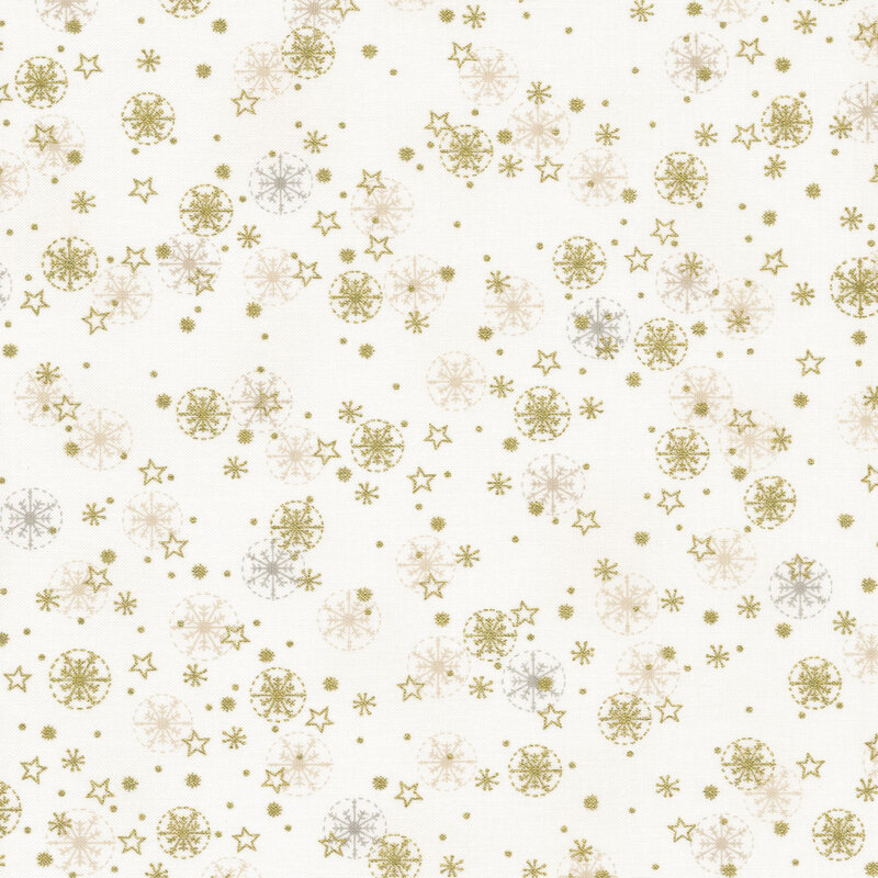 Cream fabric with gold metallic stars, dots, and circular snowflakes
