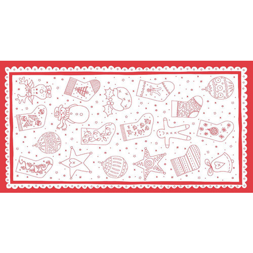 panel featuring stockings, ornaments and gingerbread treats in red on a white background