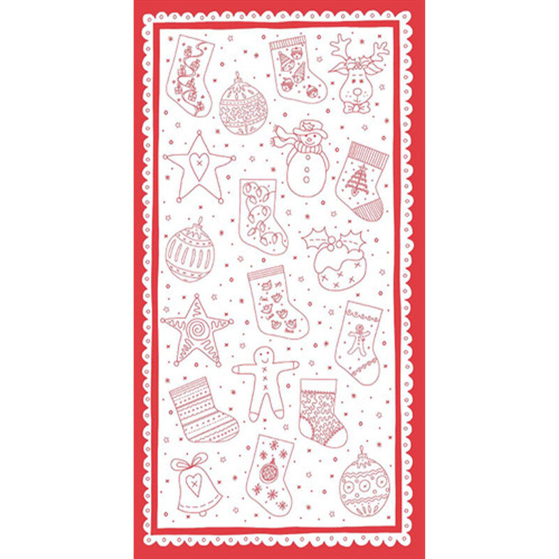 panel featuring stockings, ornaments and gingerbread treats in red on a white background