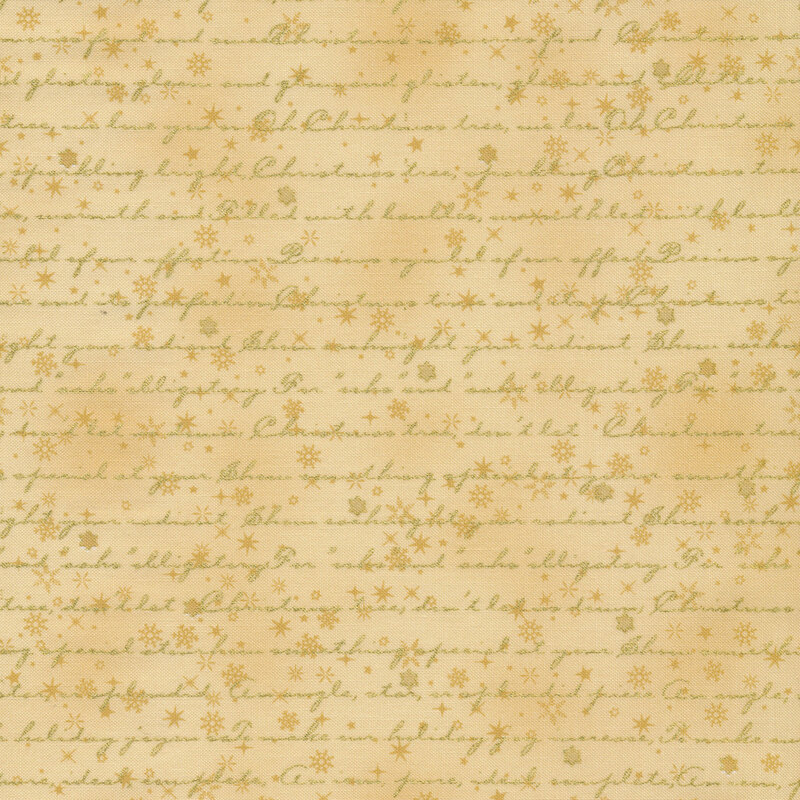 Tonal gold and beige fabric with cursive Christmas phrases and small stars all over a mottled background