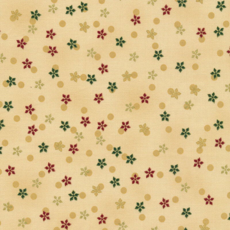 Red, green, and gold poinsettias and light tan polka dots on a light beige background