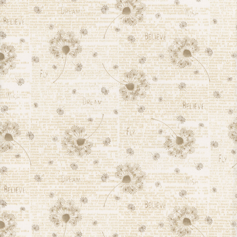Beige patterned fabric featuring tossed dandelion puffs and tonal words