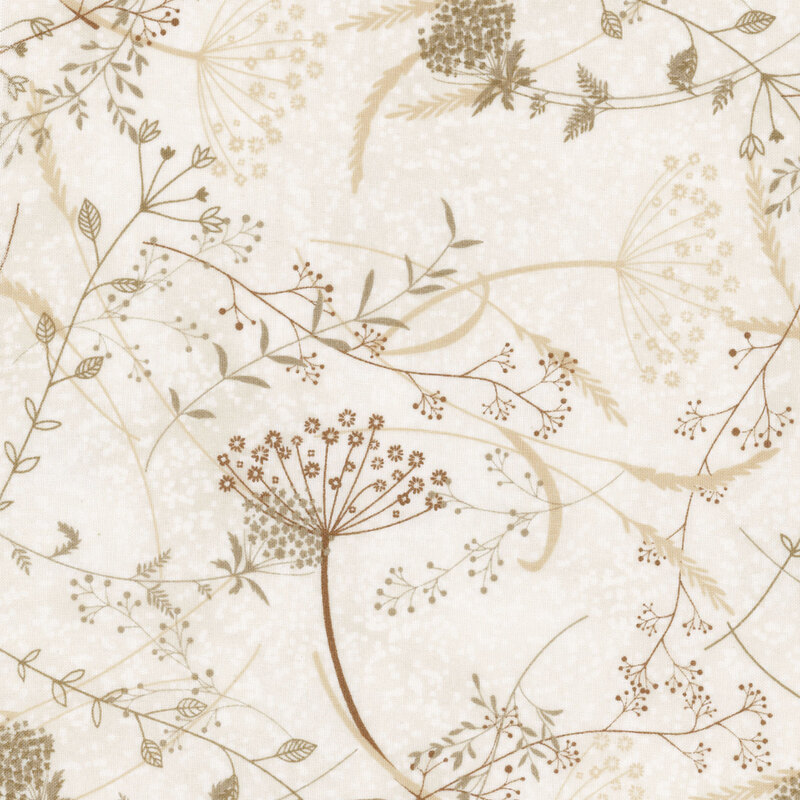 This fabric features tonal floral beige pattern on a light cream background