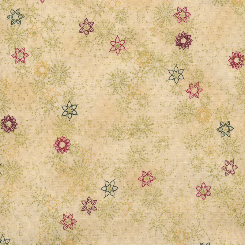 Light beige fabric with green, red, and gold metallic snowflakes and small metallic speckles