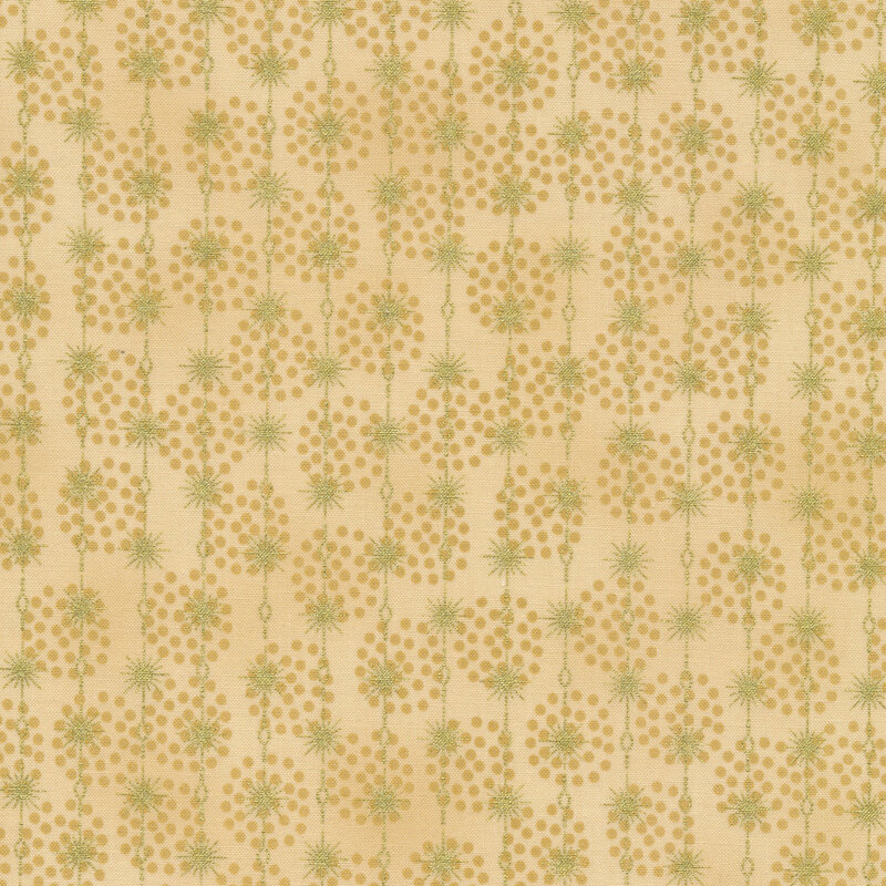 Light beige fabric with stripes of gold metallic shining stars connected by chains