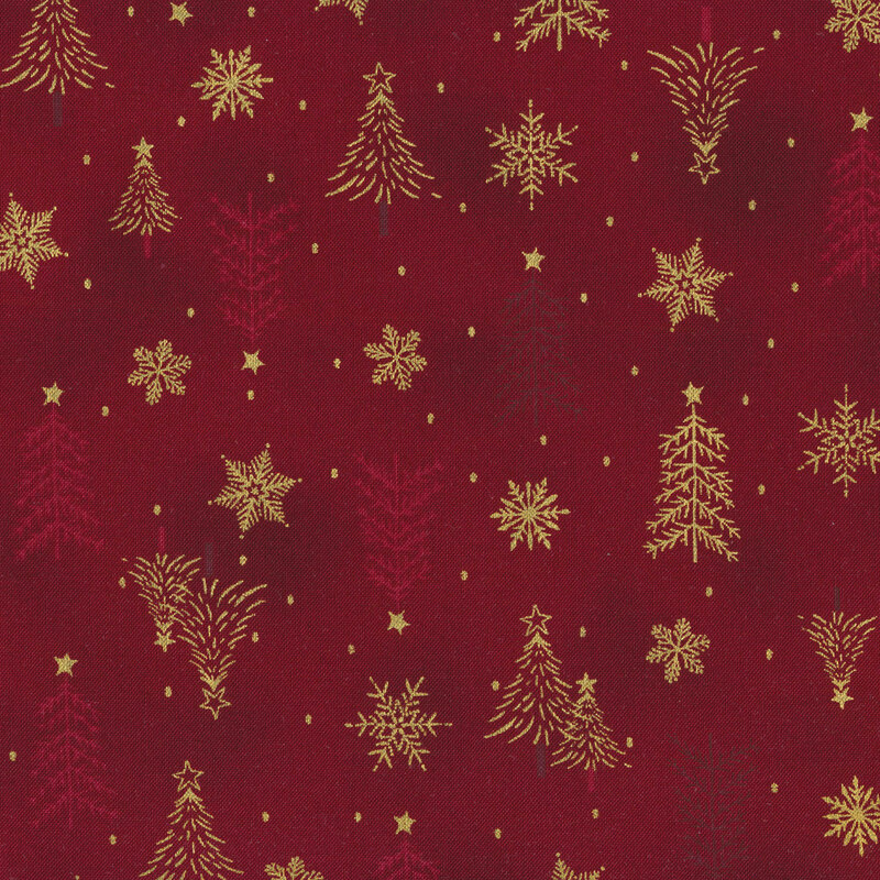 Bright red mottled fabric with red and gold metallic snowflakes and Christmas trees