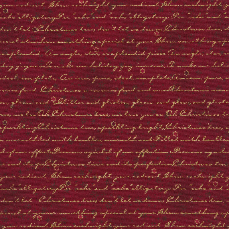 Bright red mottled fabric with metallic gold cursive writing and small dark red stars all over