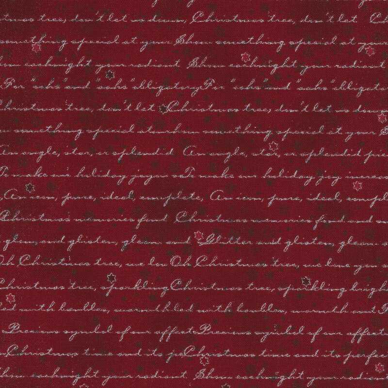  red mottled fabric with silver metallic cursive writing