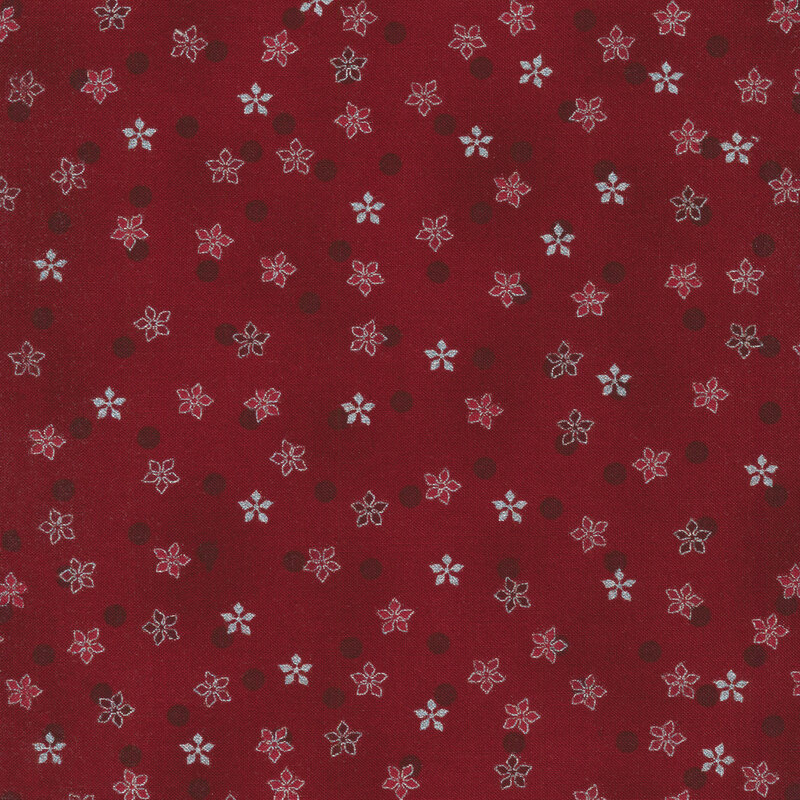 Bright red mottled fabric with silver metallic poinsettias and dark red polka dots all over