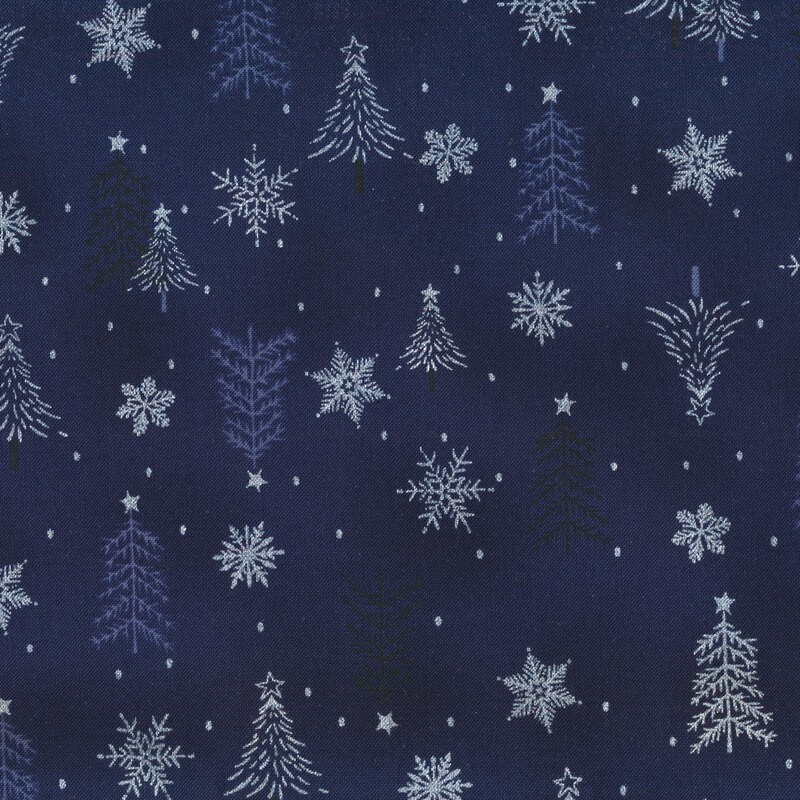 Navy blue mottled fabric silver metallic snowflakes and Christmas trees all over
