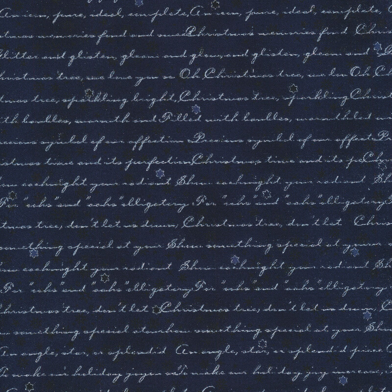 Navy blue mottled fabric silver metallic cursive writing and small stars