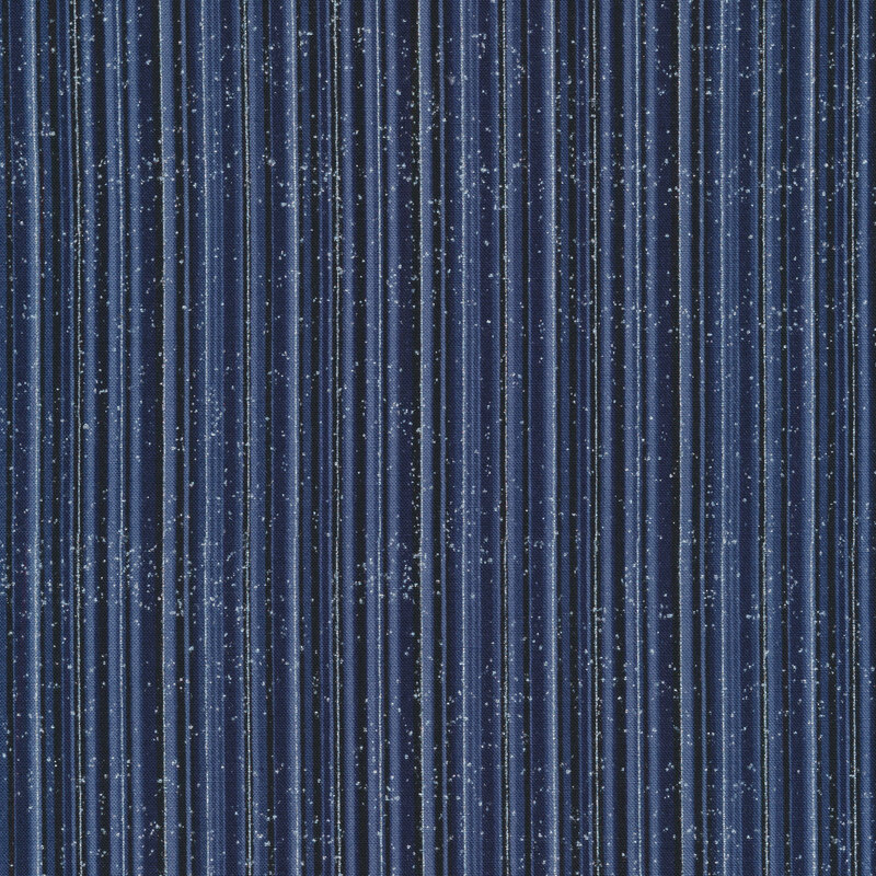 Navy blue fabric with silver metallic stripes and small speckles all over