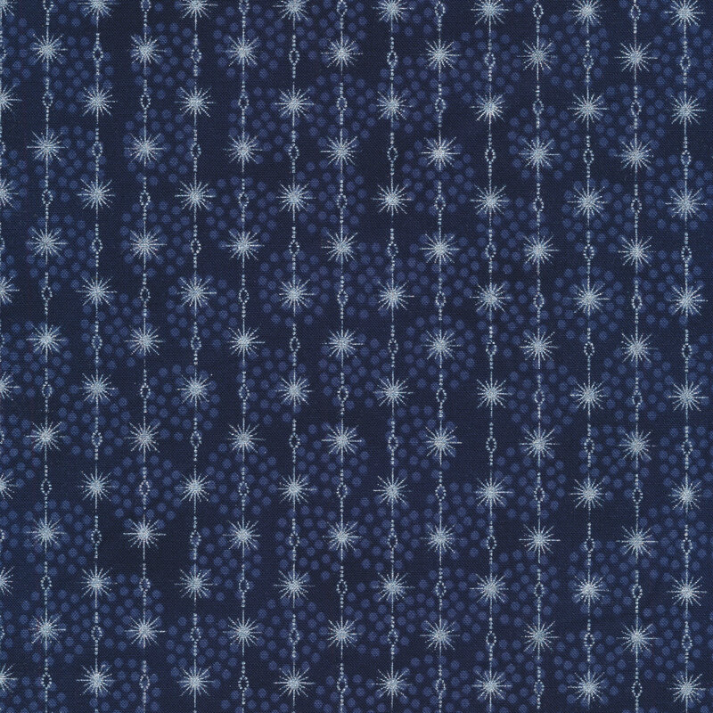 Navy blue fabric with stripes of silver metallic shining stars connected with chains