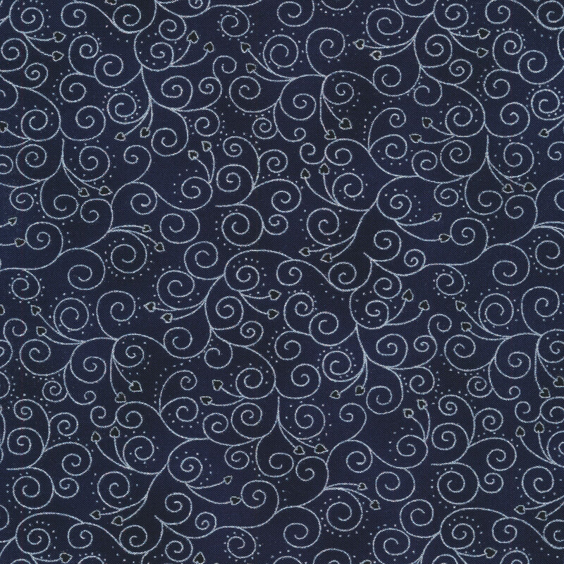 Navy blue fabric with silver metallic swirling vines and small leaves