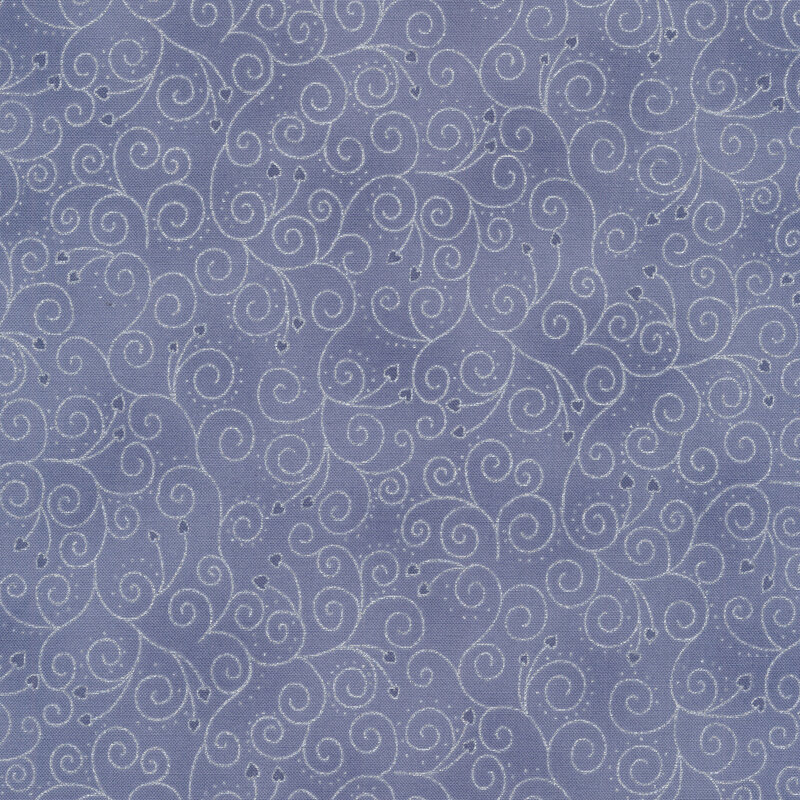 Light blue fabric with silver metallic swirling vines with small leaves