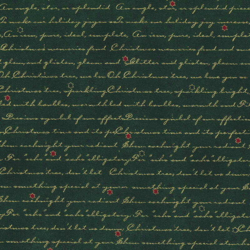 Forest green fabric with gold metallic cursive writing and small dark green stars