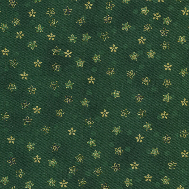 Forest green fabric light green polka dots and gold metallic poinsettias all over