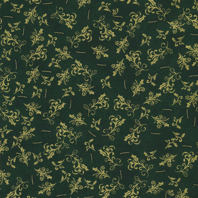 Forest green fabric dark green and gold metallic holly leaves all over