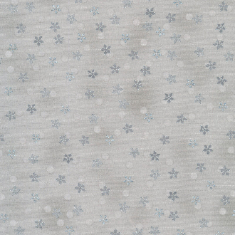 Gray mottled fabric with light gray polka dots and silver metallic accent poinsettia flowers all over
