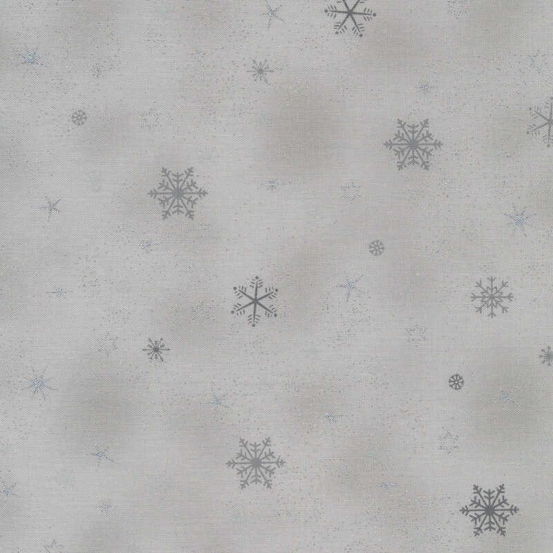 Gray mottled fabric with dark and light gray snowflakes and stars with silver metallic accents and speckles