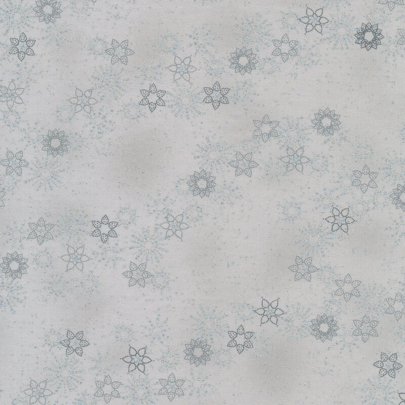 Gray mottled fabric with dark and light gray snowflakes with silver metallic accents and speckles all over