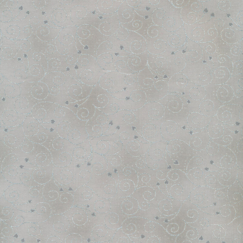 Gray mottled fabric with silver metallic swirled vines and small leaves