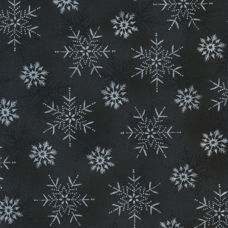 Black and charcoal mottled fabric with black and silver metallic snowflakes all over