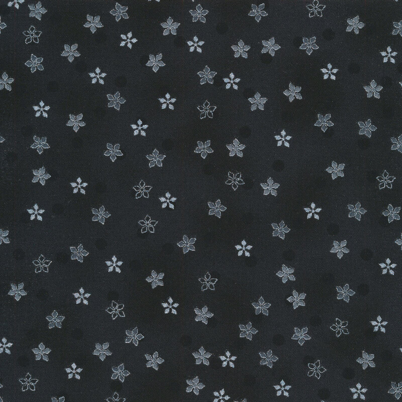 Black and charcoal mottled fabric with solid black polka dots and silver metallic poinsettia flower accents