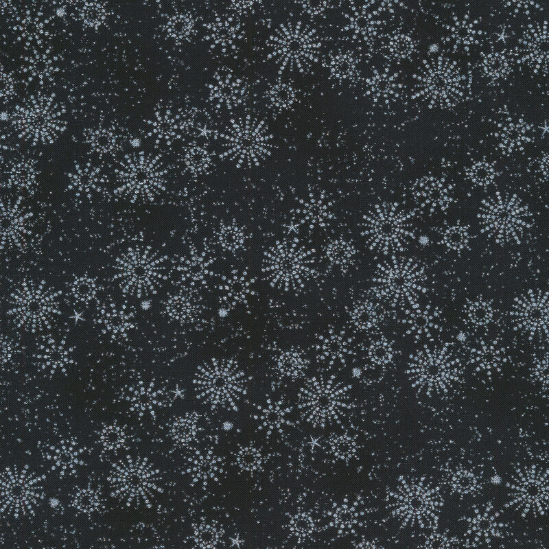 Black and charcoal mottled fabric with silver metallic snowflakes and speckled dots all over