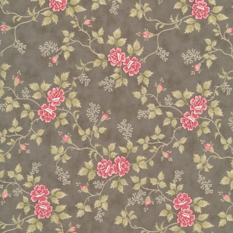 Gray fabric with interconnected pink roses and bunches of gray flowers with green leaves