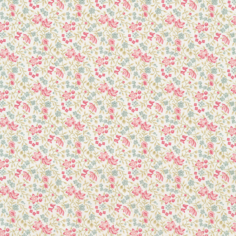 White fabric with pink and blue flowers on green stems growing around one another
