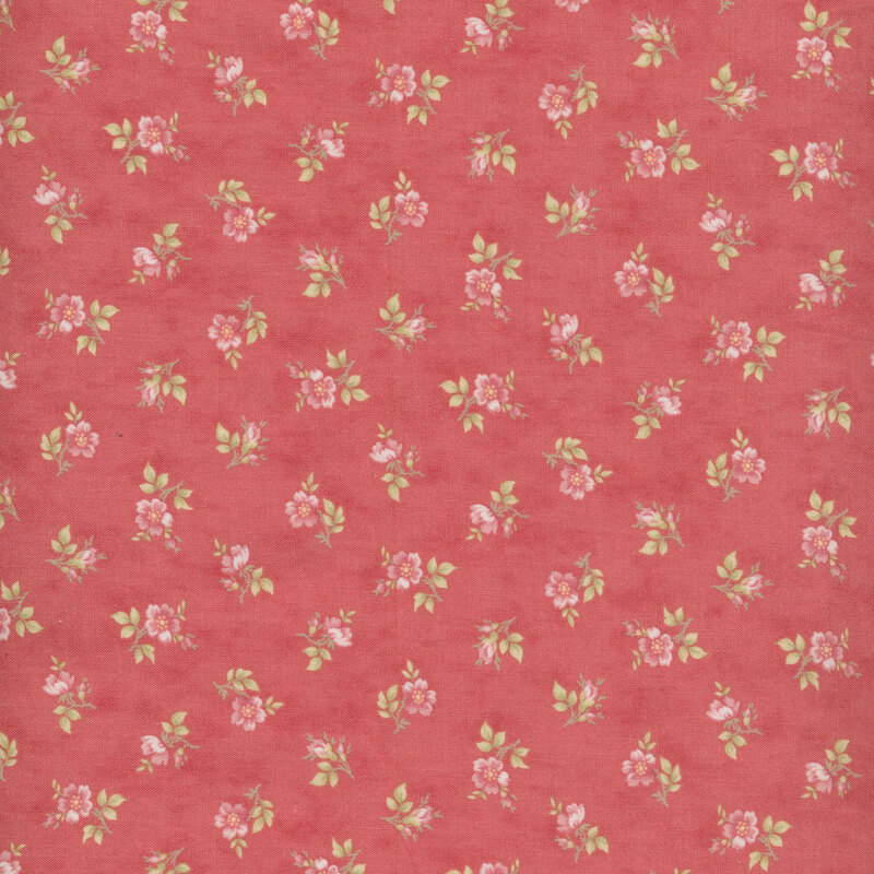 Pink fabric with single pink flowers and green leaf clusters tossed evenly apart