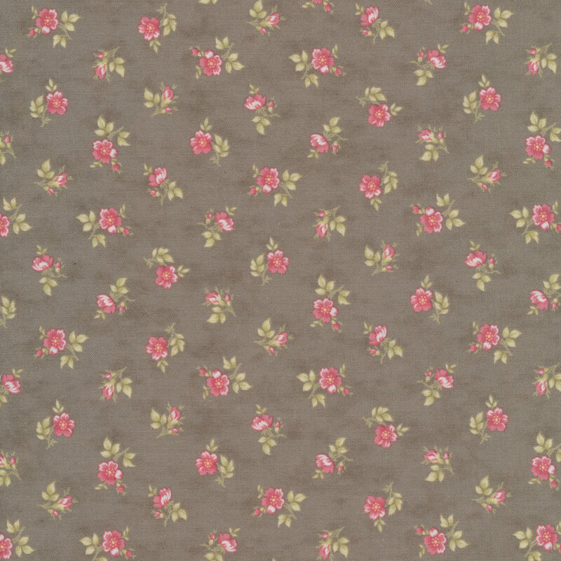 Gray fabric with single pink flowers and green leaf clusters tossed evenly apart
