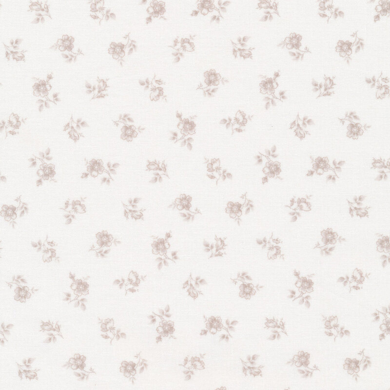 White fabric with single gray flowers and gray leaf clusters tossed evenly apart