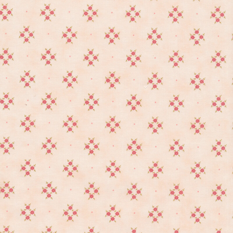 Cream fabric with clusters of four pink flowers and green leaves in diamond shapes spread evenly apart