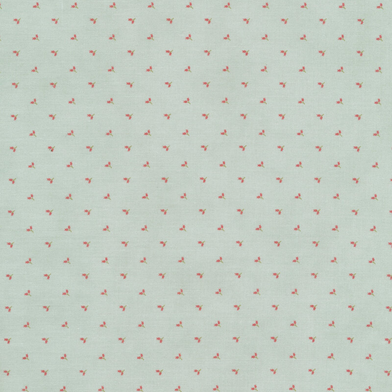 Blue fabric with tiny pink pairs of flower buds alternating in rows