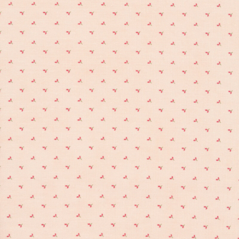 Cream fabric with tiny pink pairs of flower buds alternating in rows