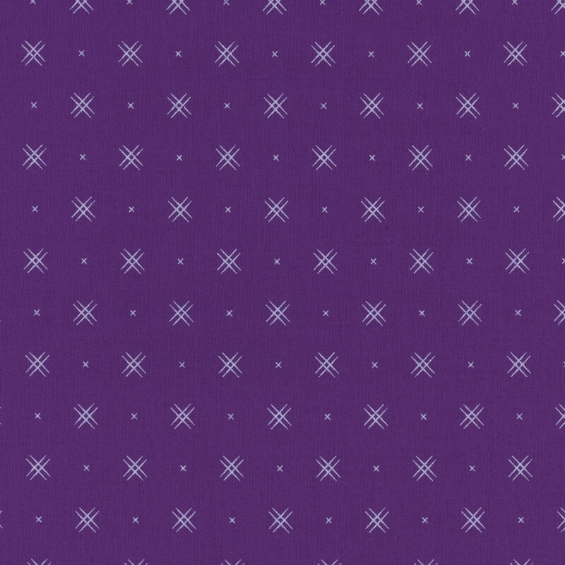 Purple fabric with rows of small white x's and double criss-cross patterns