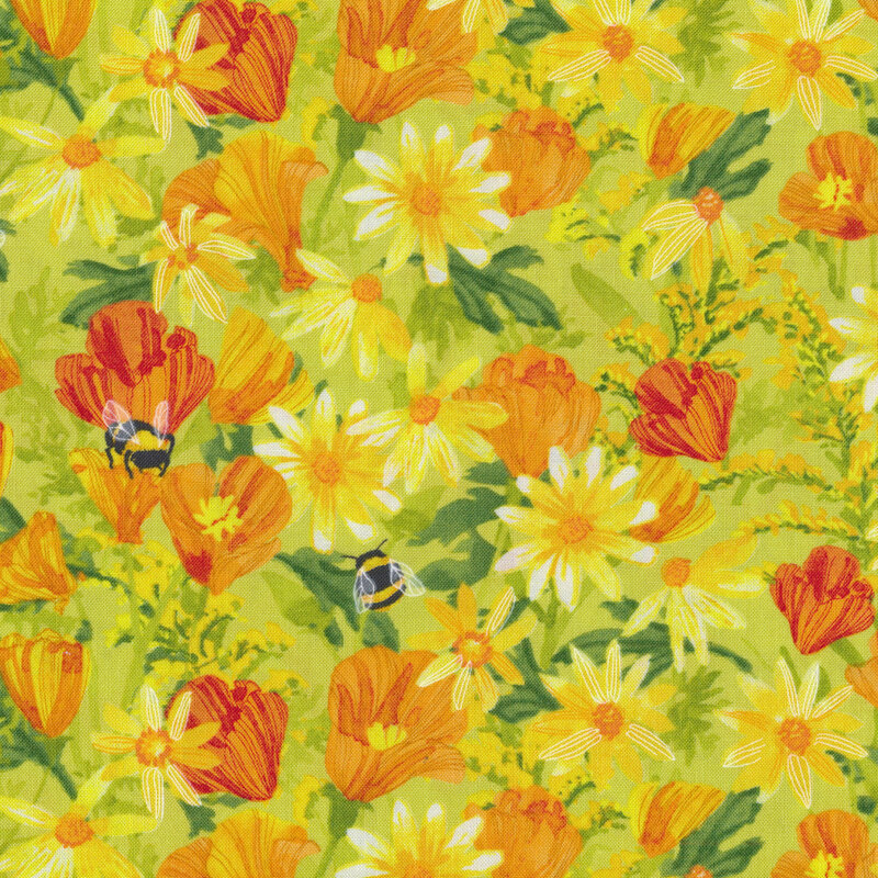 Fabric with orange and yellow flowers with buzzing bumble bees on a green background