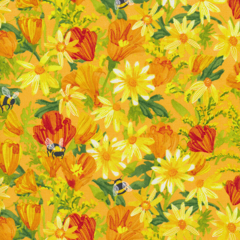 Fabric with orange and yellow flowers with buzzing bumble bees on an orange background