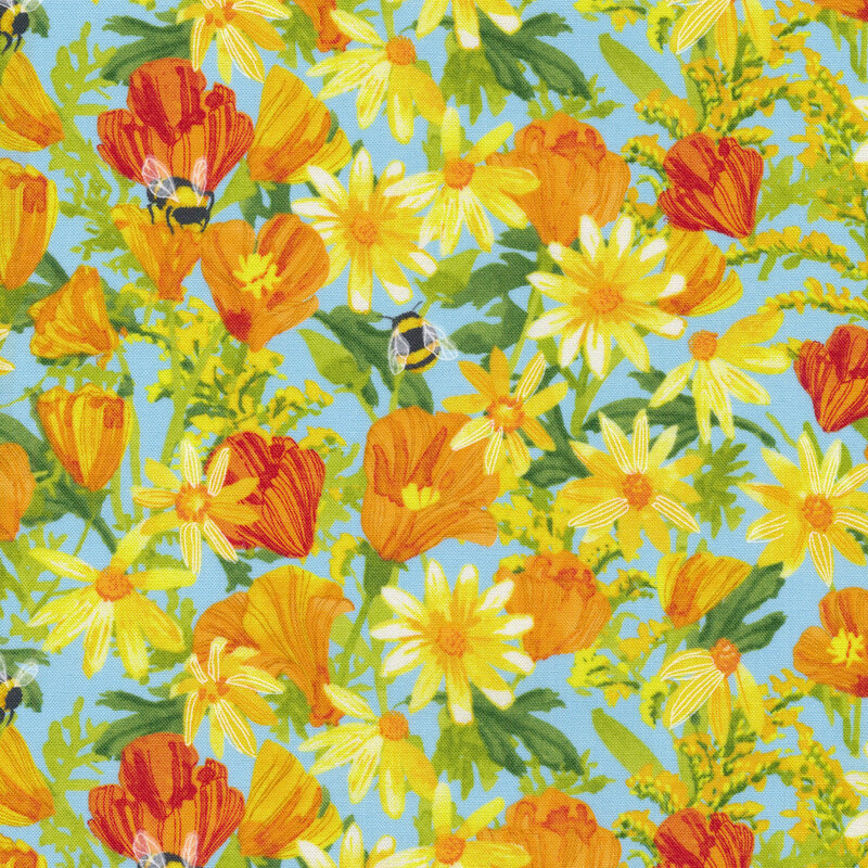 Fabric with orange and yellow flowers with buzzing bumble bees on a light blue background