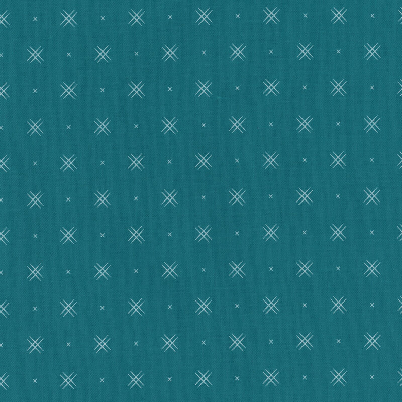 Teal-blue fabric with rows of small white x's and double criss-cross patterns